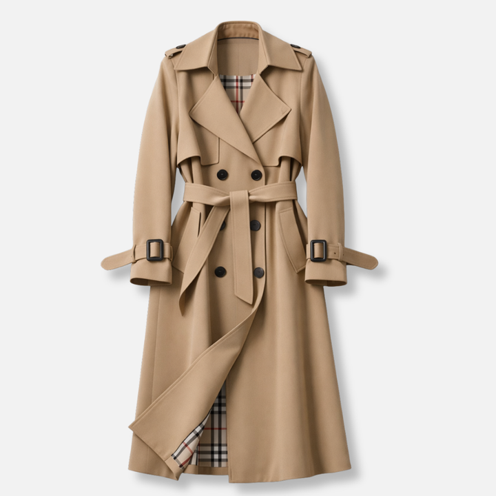 Belted Double-Breasted Longline Trench Coat with Check Lining