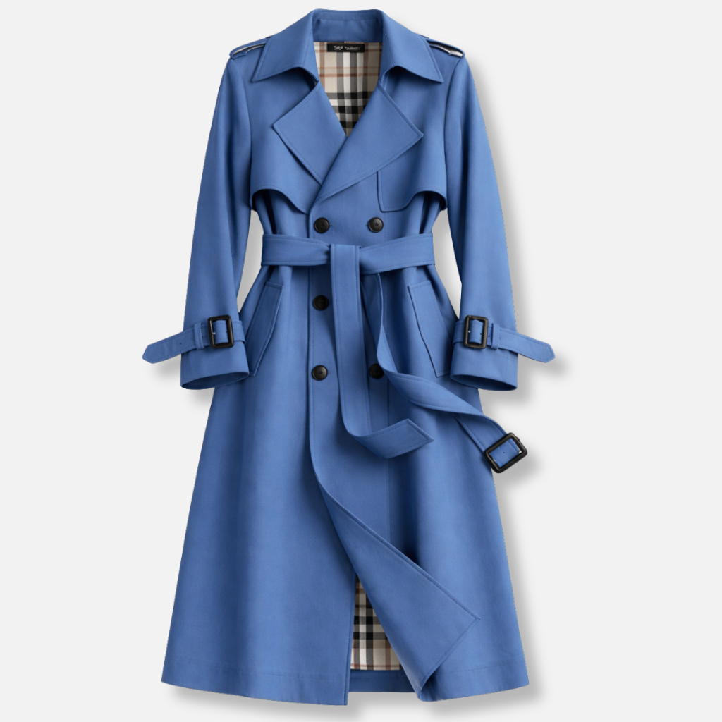 Belted Double-Breasted Longline Trench Coat with Check Lining