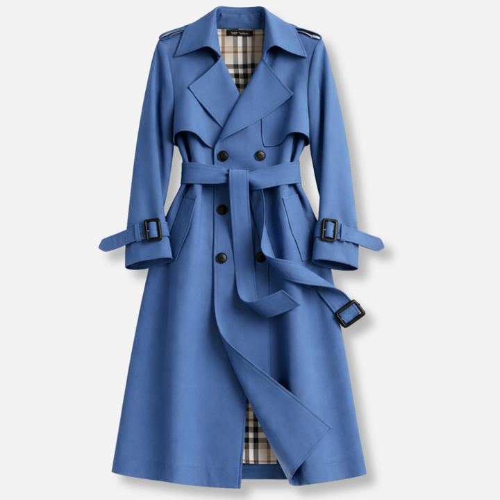Belted Double-Breasted Longline Trench Coat with Check Lining