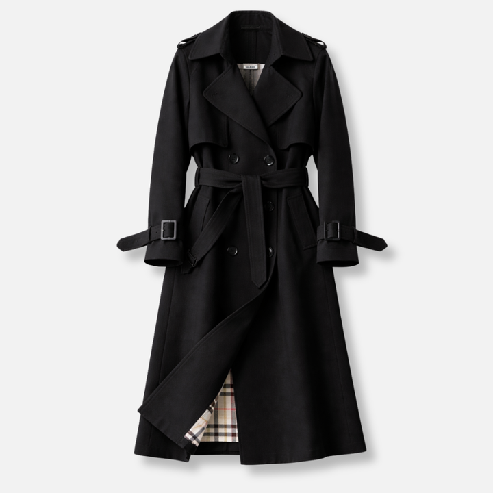 Belted Double-Breasted Longline Trench Coat with Check Lining