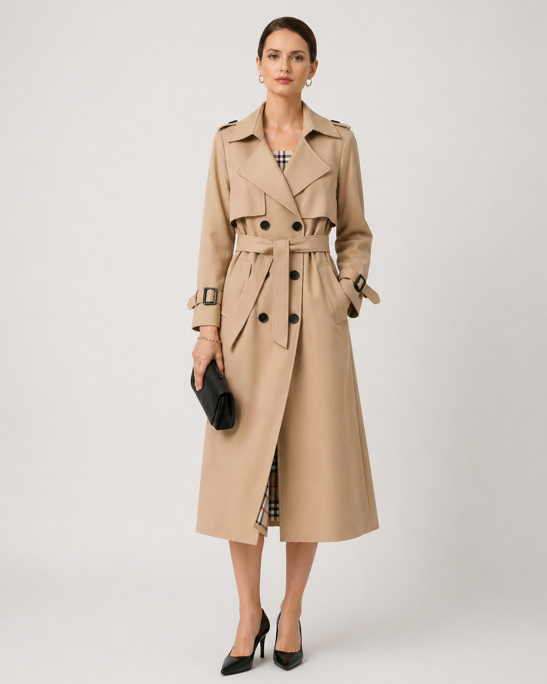 Belted Double-Breasted Longline Trench Coat with Check Lining - Marl &amp; Mere