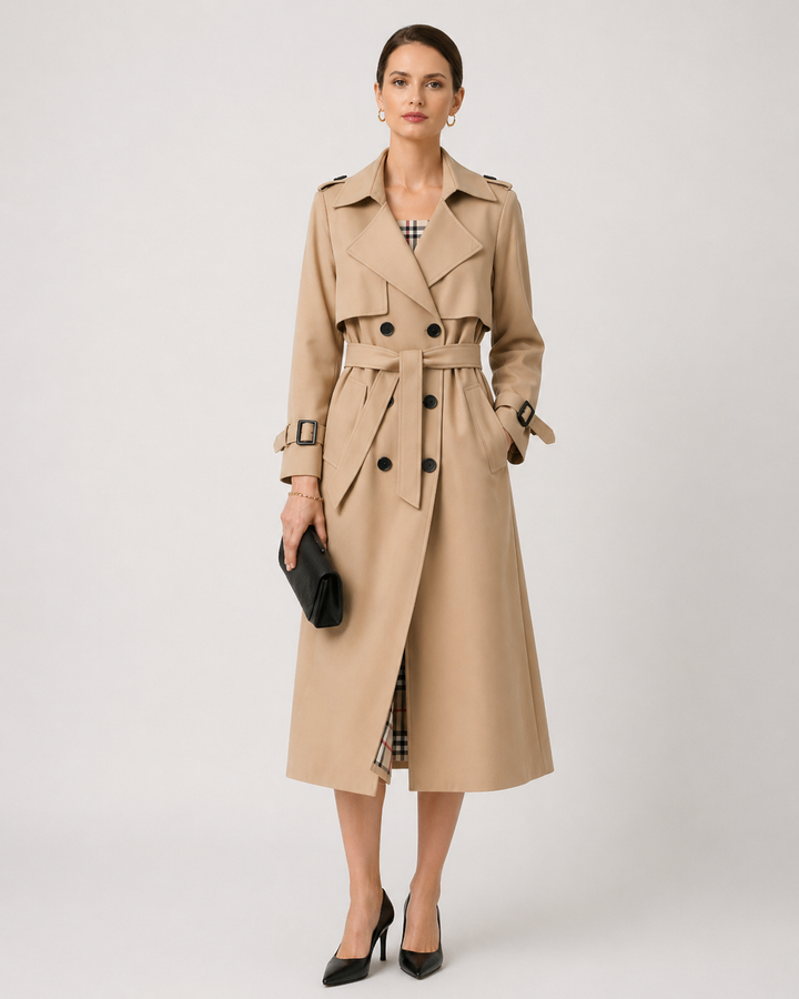 Belted Double-Breasted Longline Trench Coat with Check Lining - Marl &amp; Mere