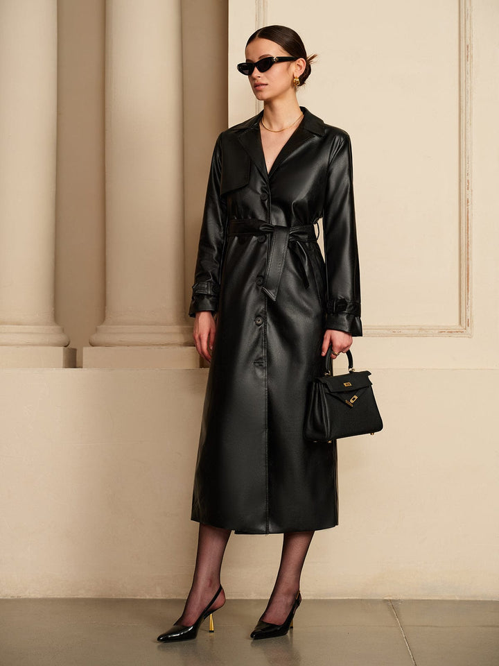 Belted Faux Leather Midi Trench Coat with Button Front
