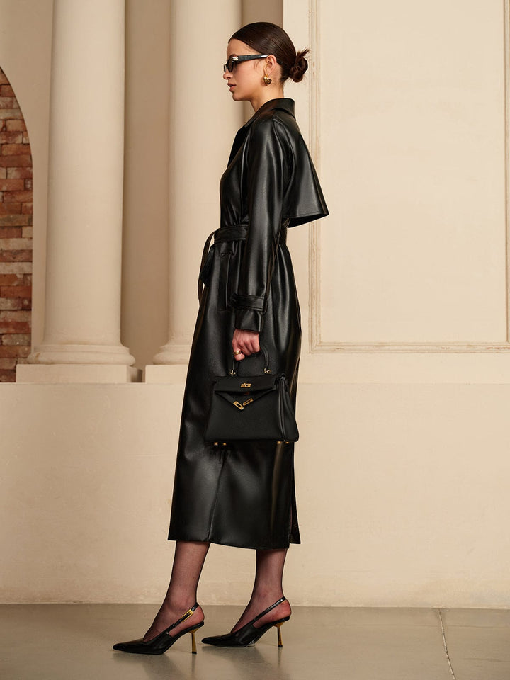 Belted Faux Leather Midi Trench Coat with Button Front