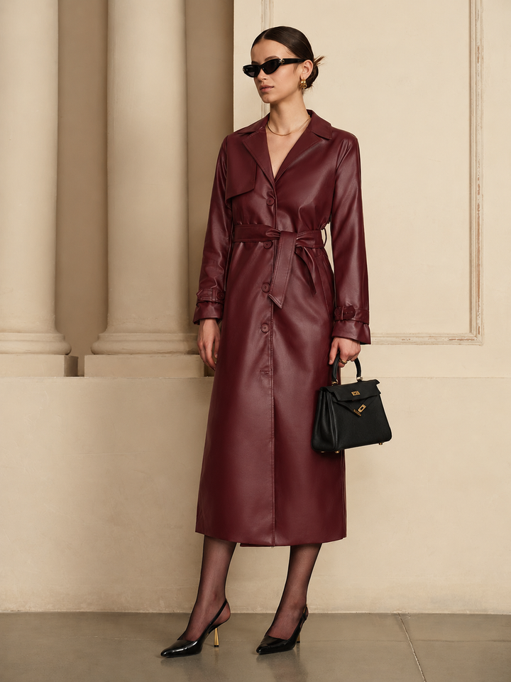 Belted Faux Leather Midi Trench Coat with Button Front