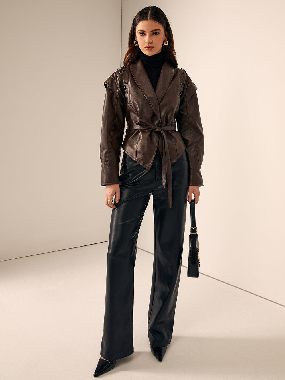 Belted Faux Leather Wrap Jacket with Oversized Hood and Lace-Up Shoulders