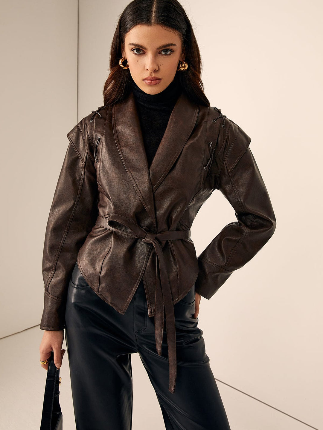 Belted Faux Leather Wrap Jacket with Oversized Hood and Lace-Up Shoulders