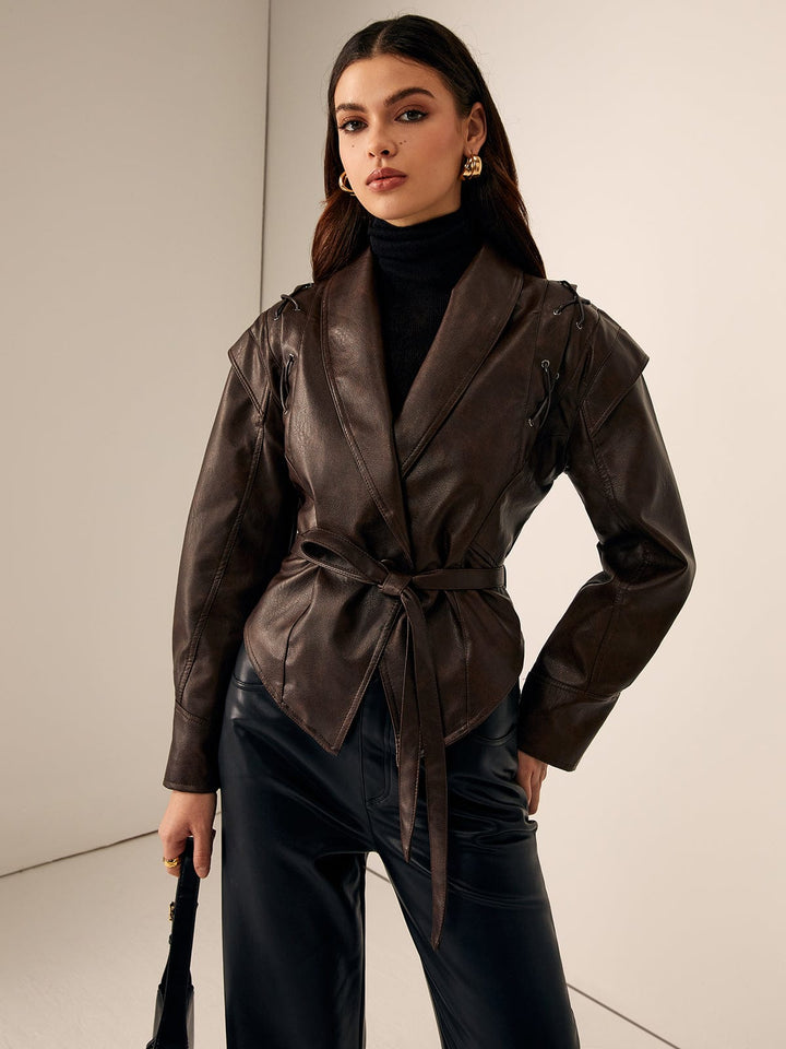 Belted Leather Wrap Jacket with Oversized Hood and Lace-Up Shoulders - Marl &amp; Mere