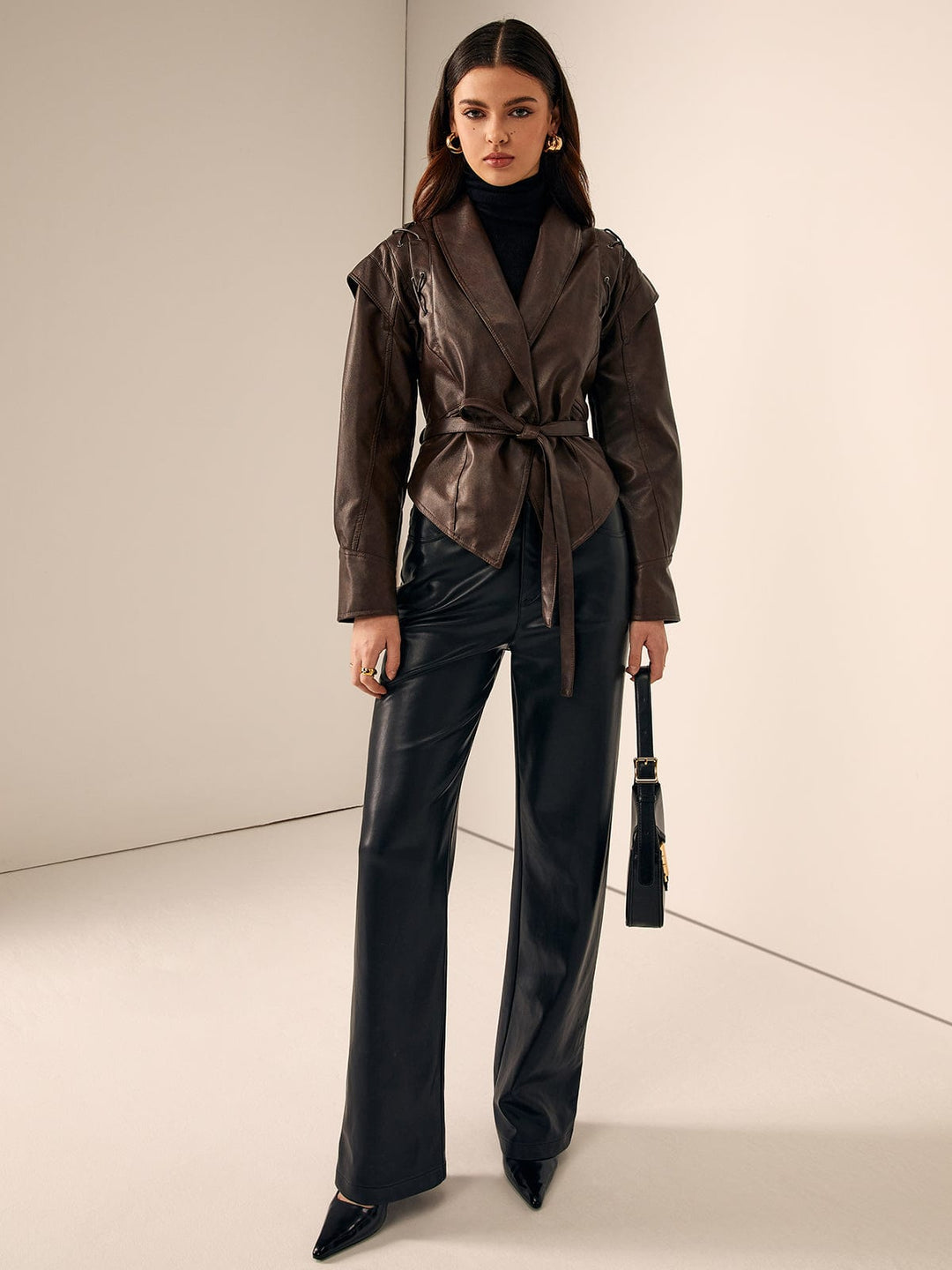 Belted Leather Wrap Jacket with Oversized Hood and Lace-Up Shoulders - Marl &amp; Mere