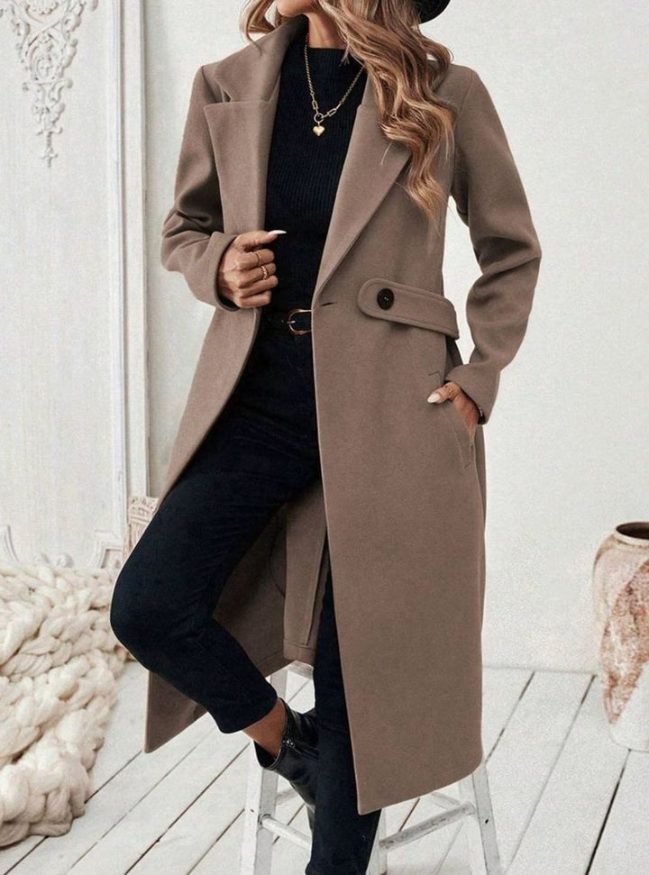 Belted Longline Wool-Look Coat with Wide Collar and Side Pockets