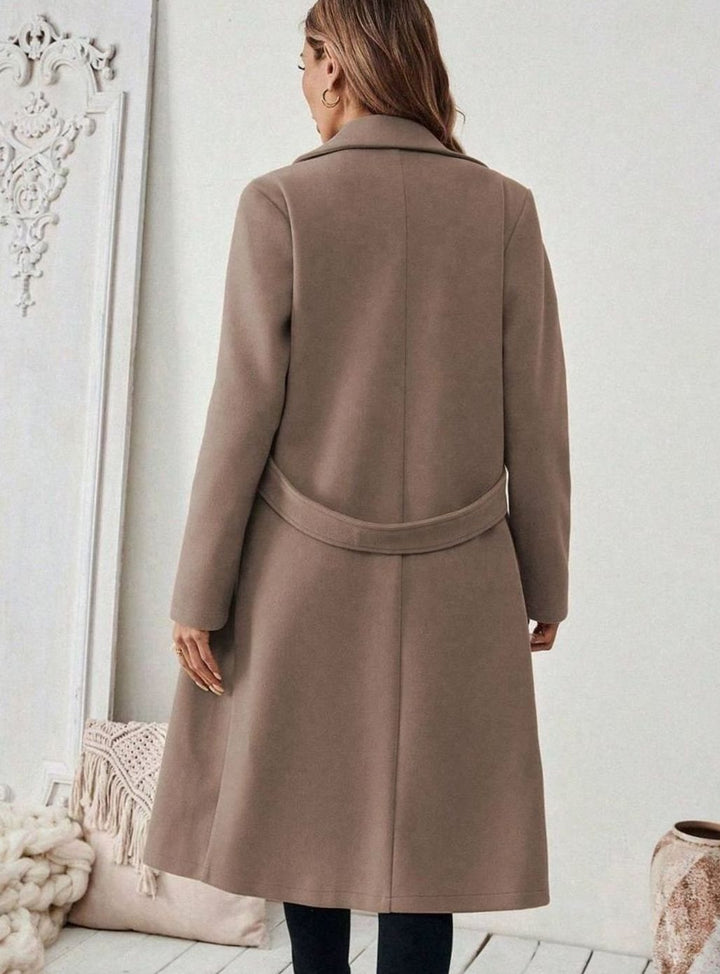Belted Longline Wool-Look Coat with Wide Collar and Side Pockets