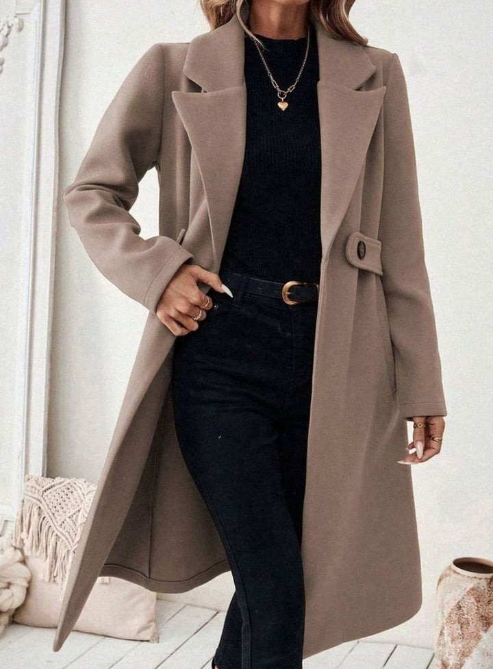 Belted Longline Wool-Look Coat with Wide Collar and Side Pockets