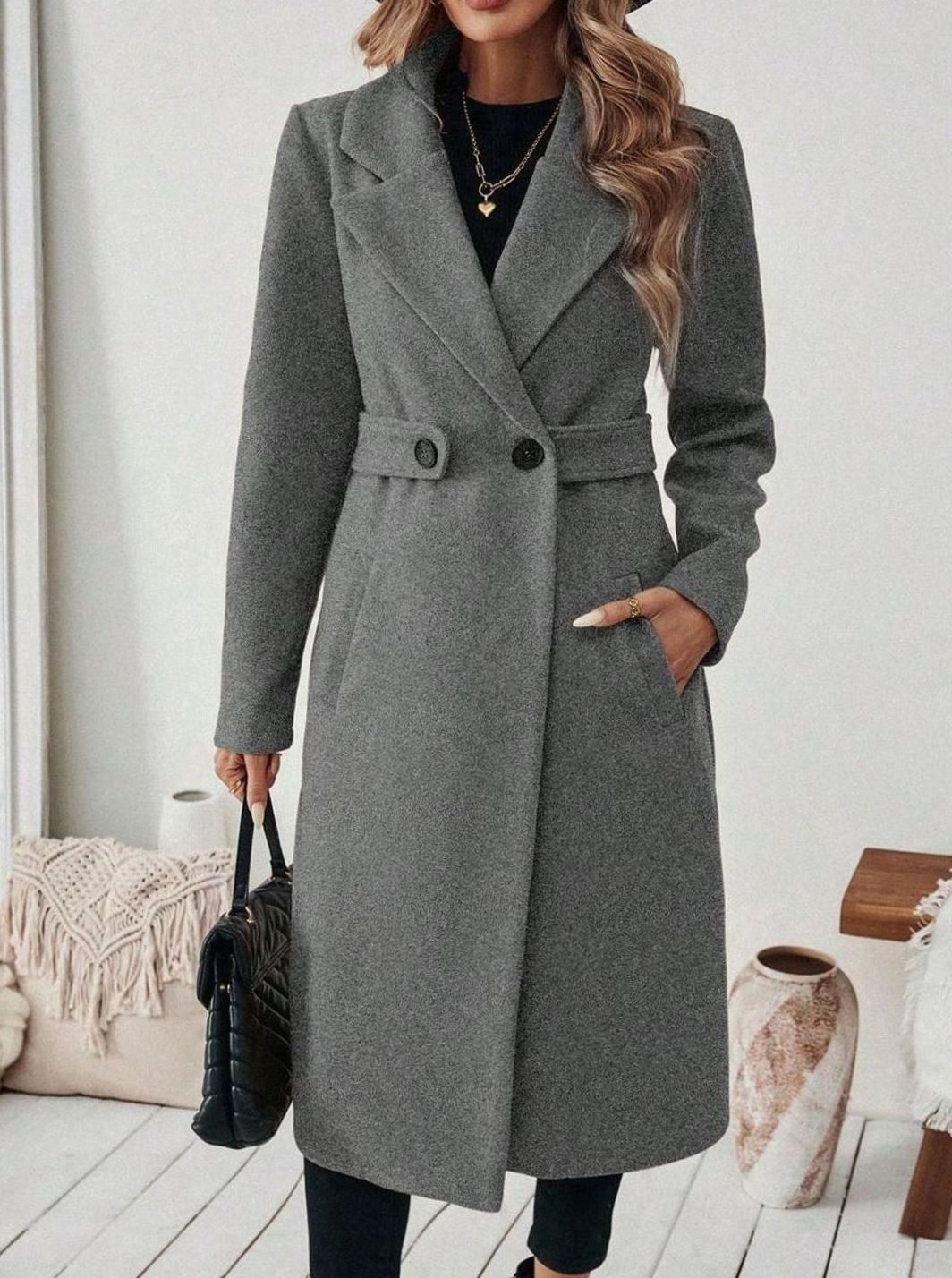 Belted Longline Wool-Look Coat with Wide Collar and Side Pockets