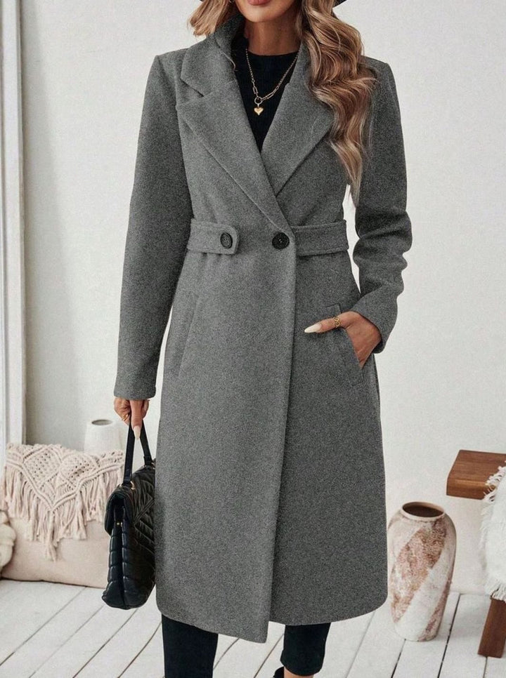 Belted Longline Wool-Look Coat with Wide Collar and Side Pockets