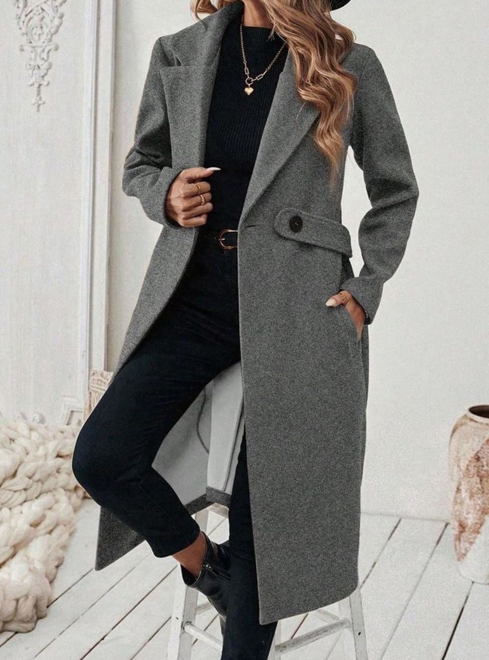 Belted Longline Wool-Look Coat with Wide Collar and Side Pockets