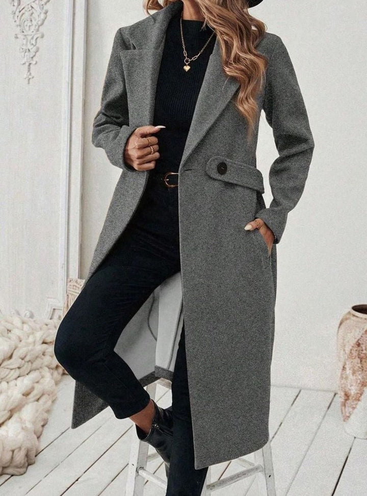 Belted Longline Wool-Look Coat with Wide Collar and Side Pockets