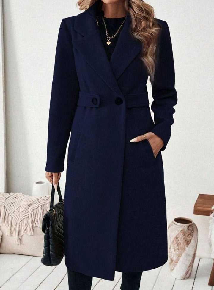 Belted Longline Wool-Look Coat with Wide Collar and Side Pockets