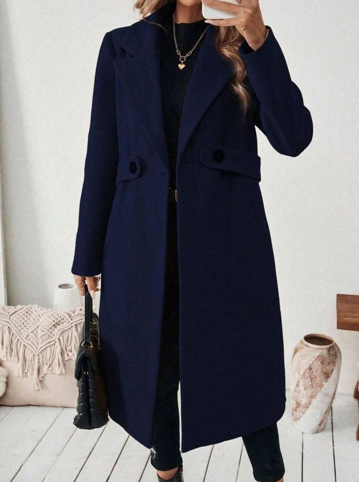 Belted Longline Wool-Look Coat with Wide Collar and Side Pockets
