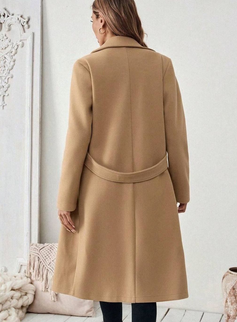 Belted Longline Wool-Look Coat with Wide Collar and Side Pockets