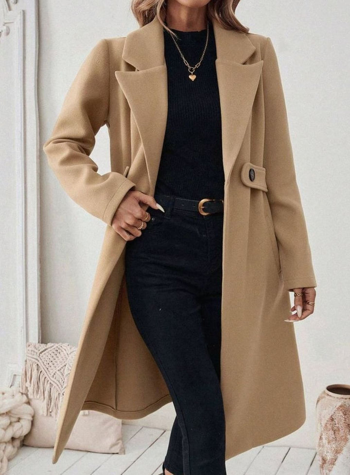 Belted Longline Wool-Look Coat with Wide Collar and Side Pockets