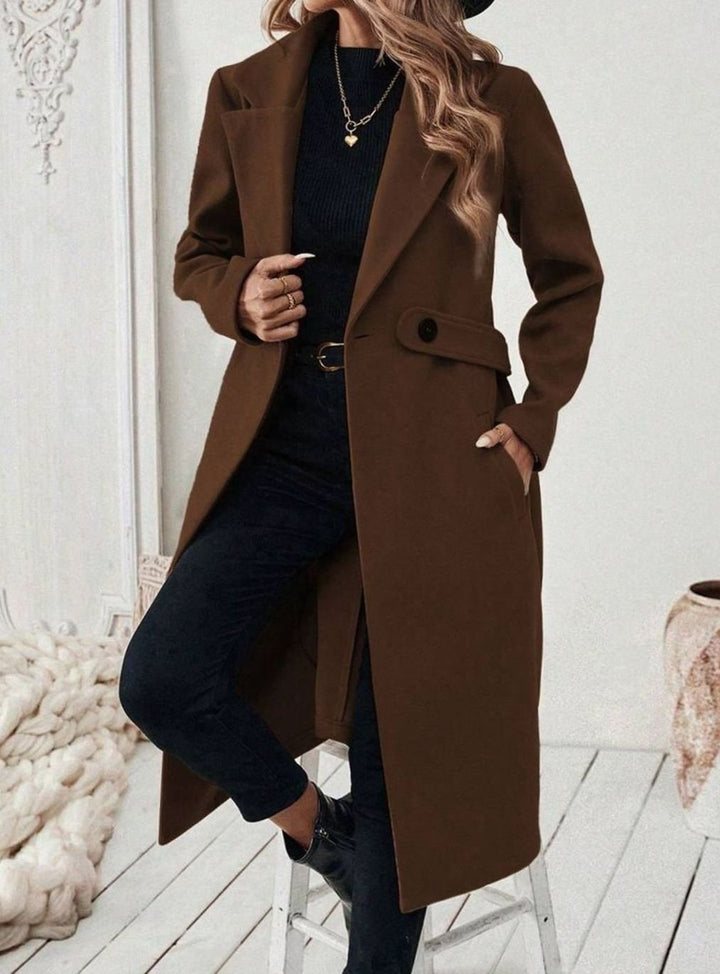 Belted Longline Wool-Look Coat with Wide Collar and Side Pockets