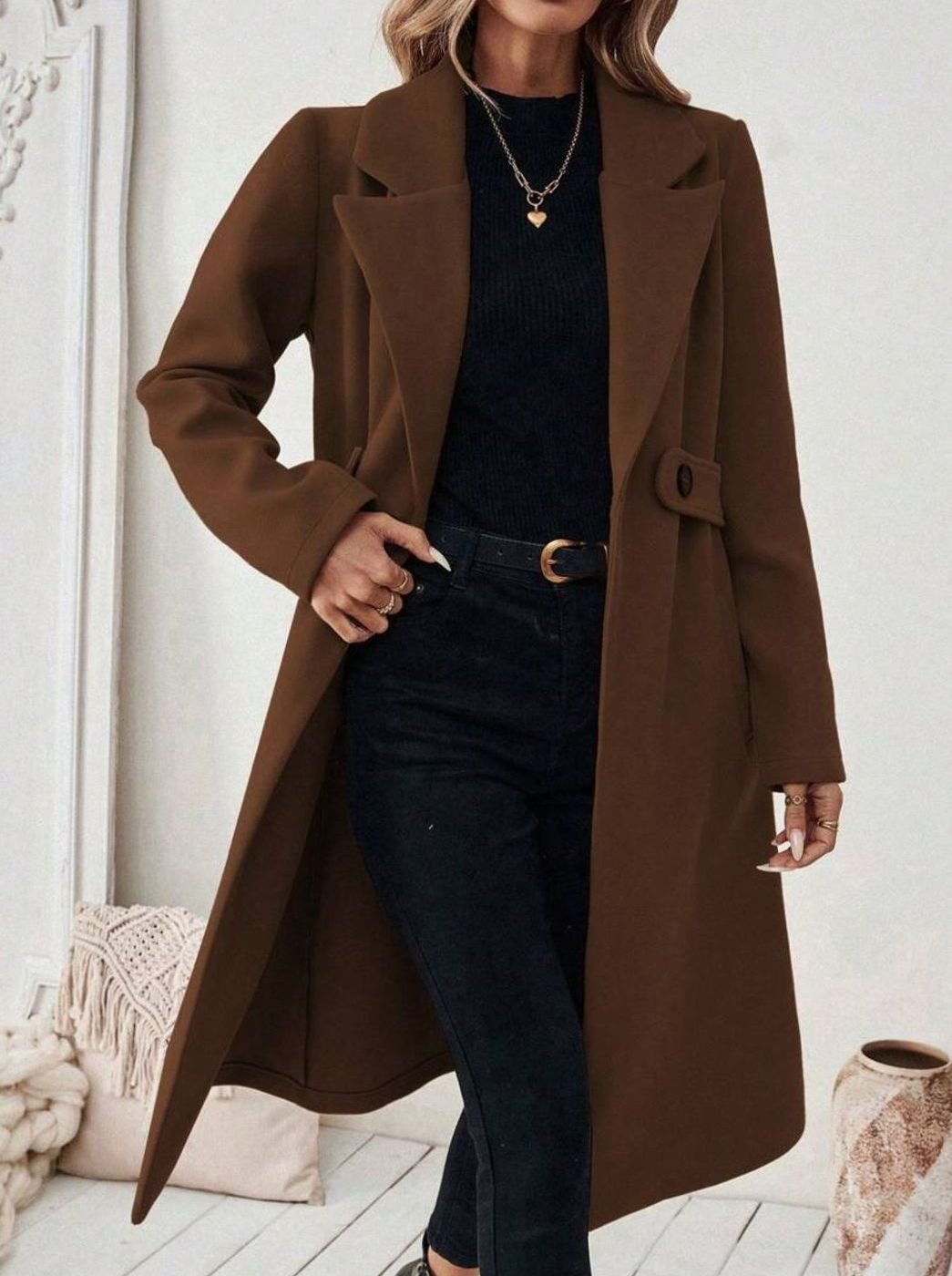 Belted Longline Wool-Look Coat with Wide Collar and Side Pockets
