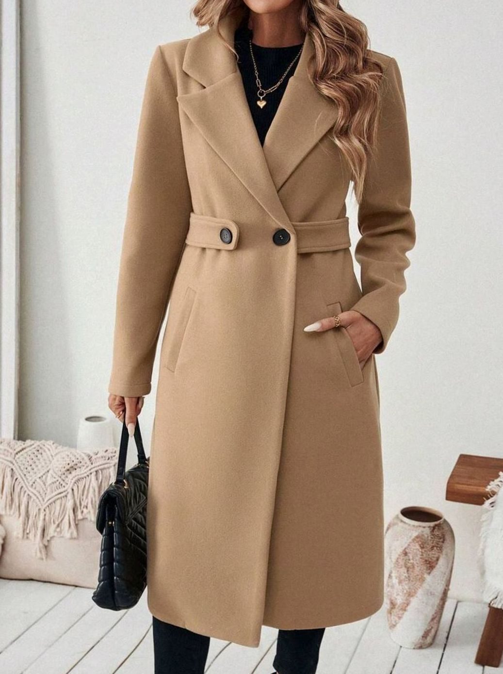 Belted Longline Wool-Look Coat with Wide Collar and Side Pockets - Marl & Mere