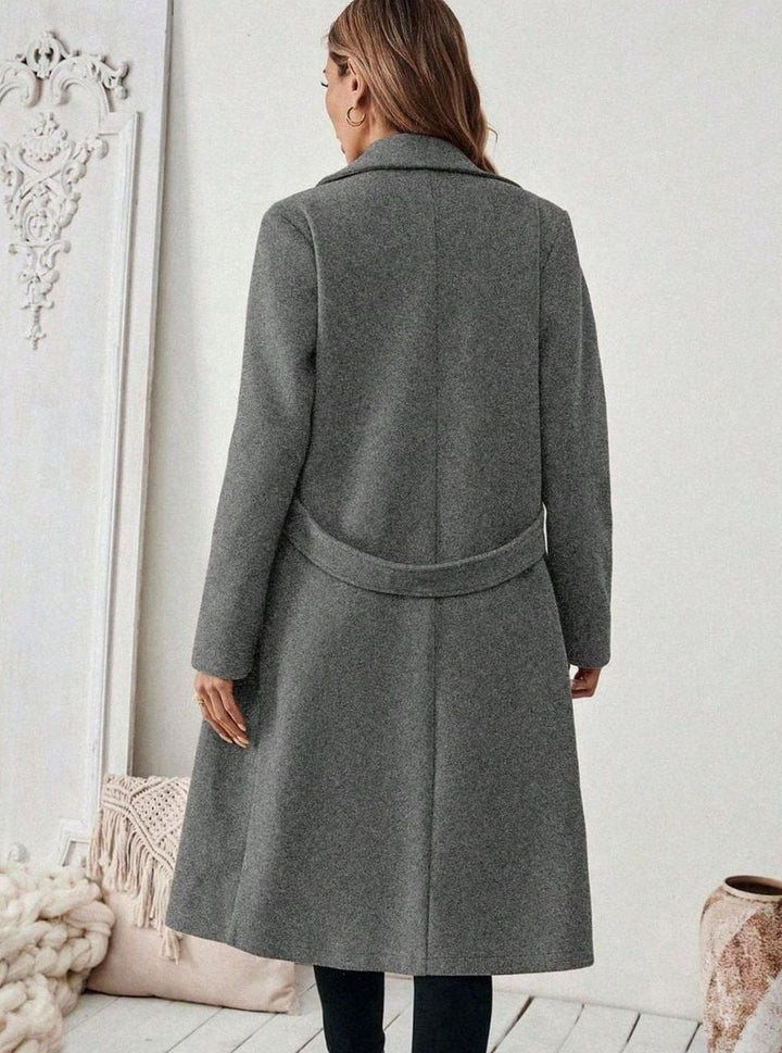 Belted Longline Wool-Look Coat with Wide Collar and Side Pockets - Marl &amp; Mere