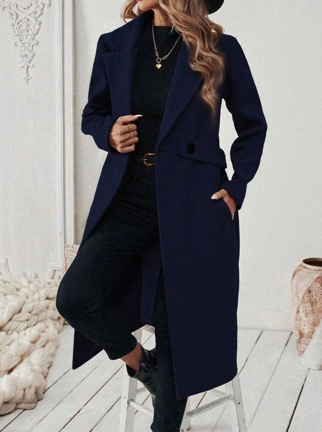 Belted Longline Wool-Look Coat with Wide Collar and Side Pockets - Marl &amp; Mere