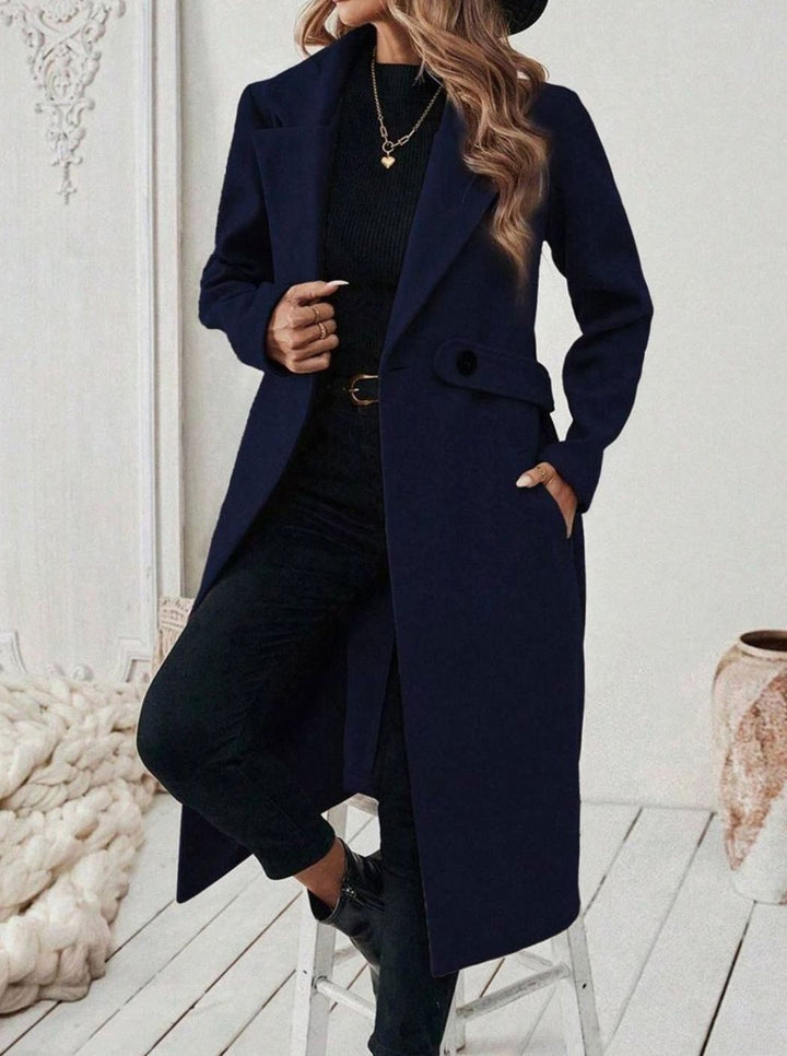 Belted Longline Wool-Look Coat with Wide Collar and Side Pockets - Marl &amp; Mere