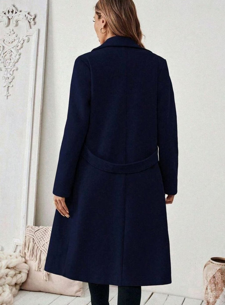 Belted Longline Wool-Look Coat with Wide Collar and Side Pockets - Marl &amp; Mere
