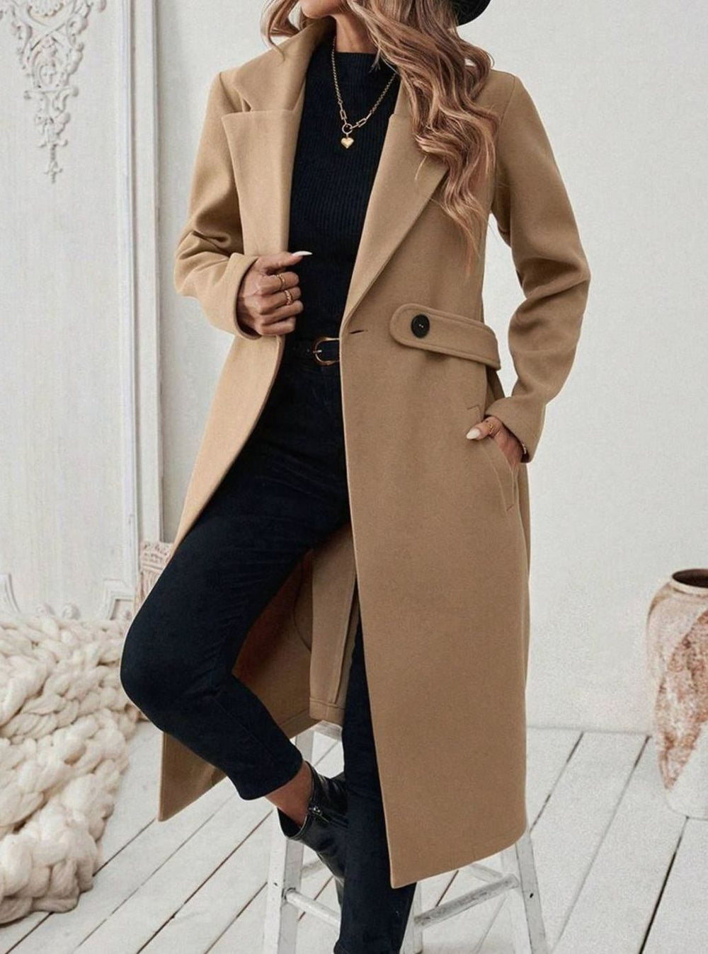 Belted Longline Wool-Look Coat with Wide Collar and Side Pockets - Marl & Mere