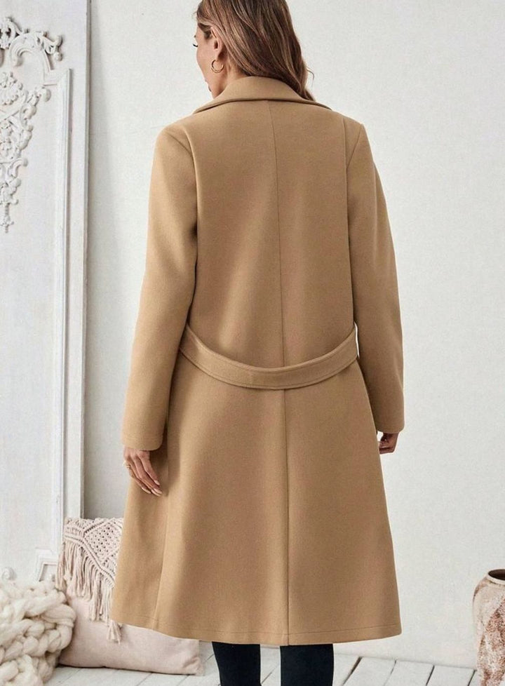 Belted Longline Wool-Look Coat with Wide Collar and Side Pockets - Marl &amp; Mere