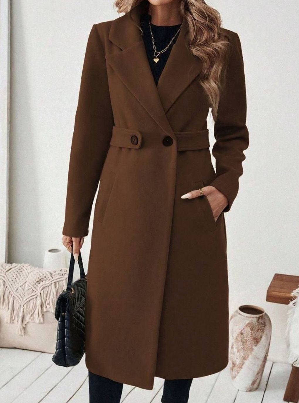 Belted Longline Wool-Look Coat with Wide Collar and Side Pockets - Marl &amp; Mere