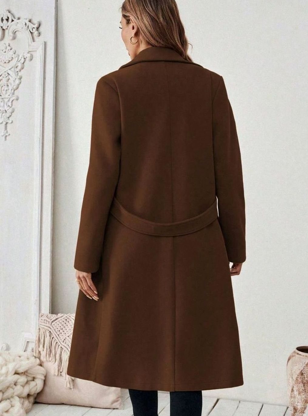 Belted Longline Wool-Look Coat with Wide Collar and Side Pockets - Marl &amp; Mere