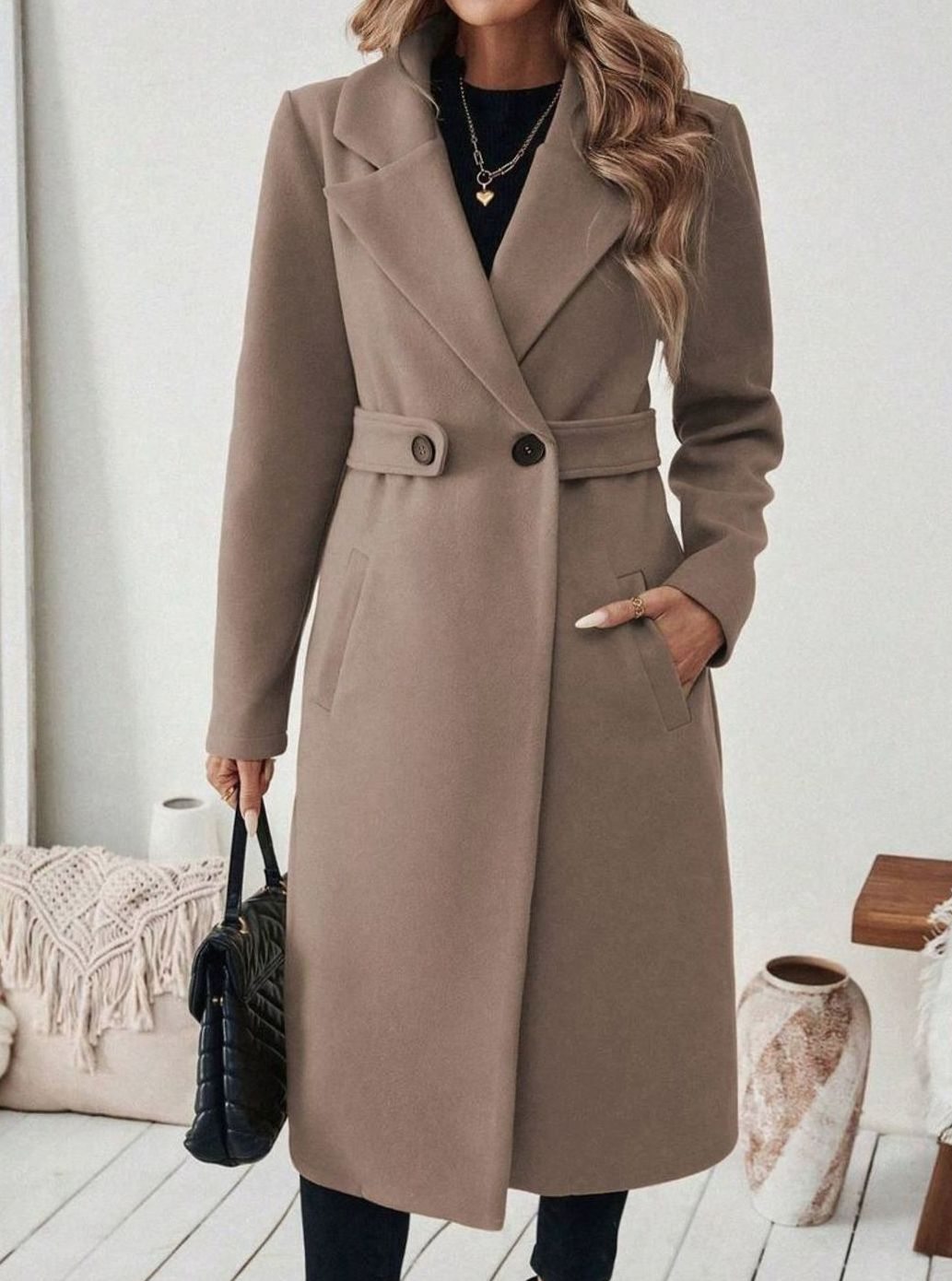 Belted Longline Wool-Look Coat with Wide Collar and Side Pockets - Marl &amp; Mere