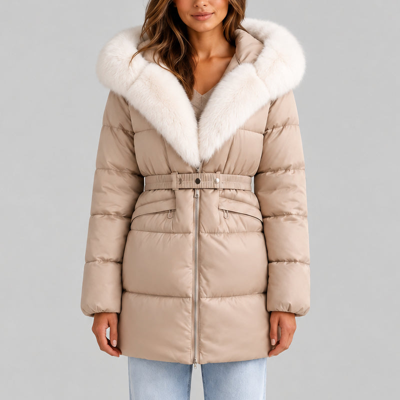 Belted Quilted Puffer Jacket with Faux Fur Hood