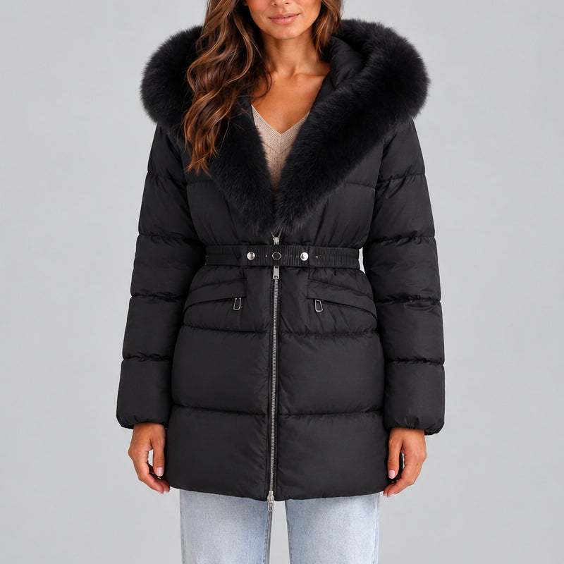 Belted Quilted Puffer Jacket with Faux Fur Hood