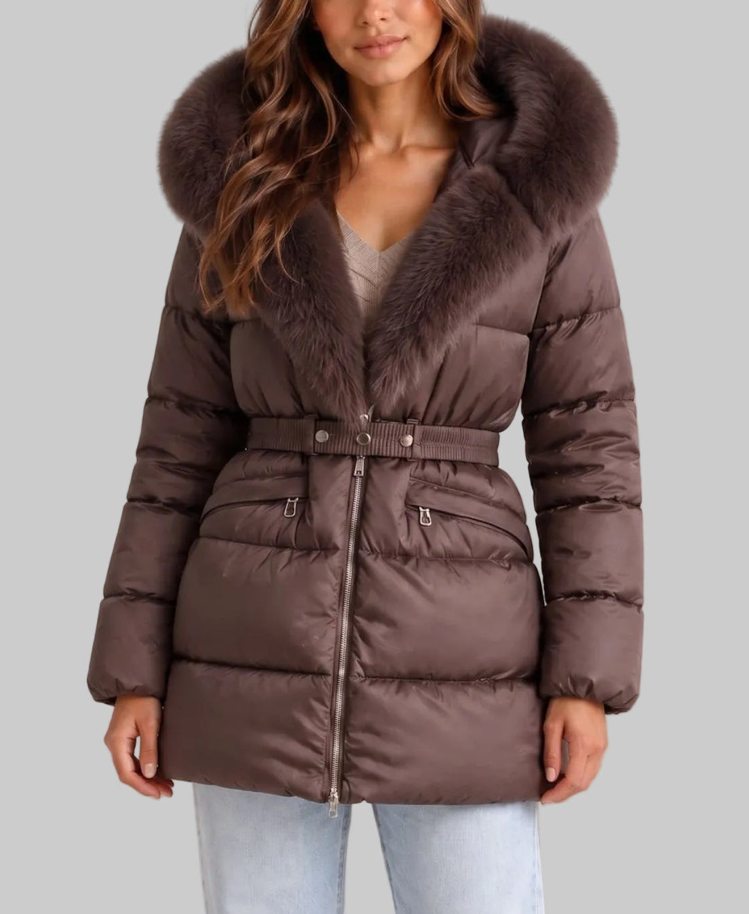 Belted Quilted Puffer Jacket with Faux Fur Hood