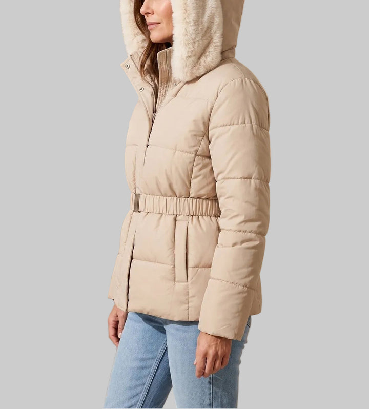 Belted Quilted Puffer Jacket with Faux Fur Hood - Marl &amp; Mere