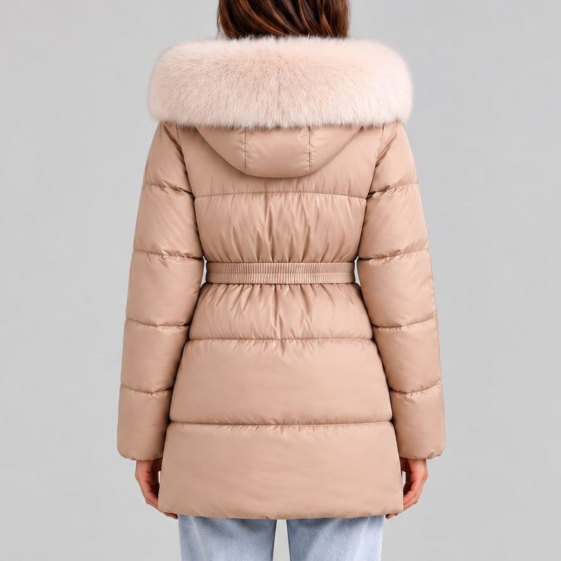 Belted Quilted Puffer Jacket with Faux Fur Hood - Marl &amp; Mere