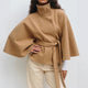 Belted Wool-Look Cape Coat with Stand Collar and Wide Sleeves