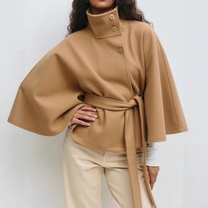 Belted Wool-Look Cape Coat with Stand Collar and Wide Sleeves