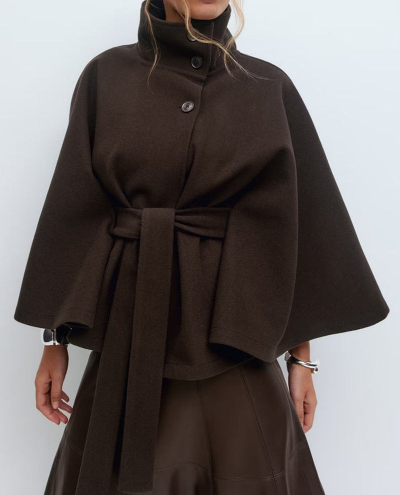 Belted Wool-Look Cape Coat with Stand Collar and Wide Sleeves