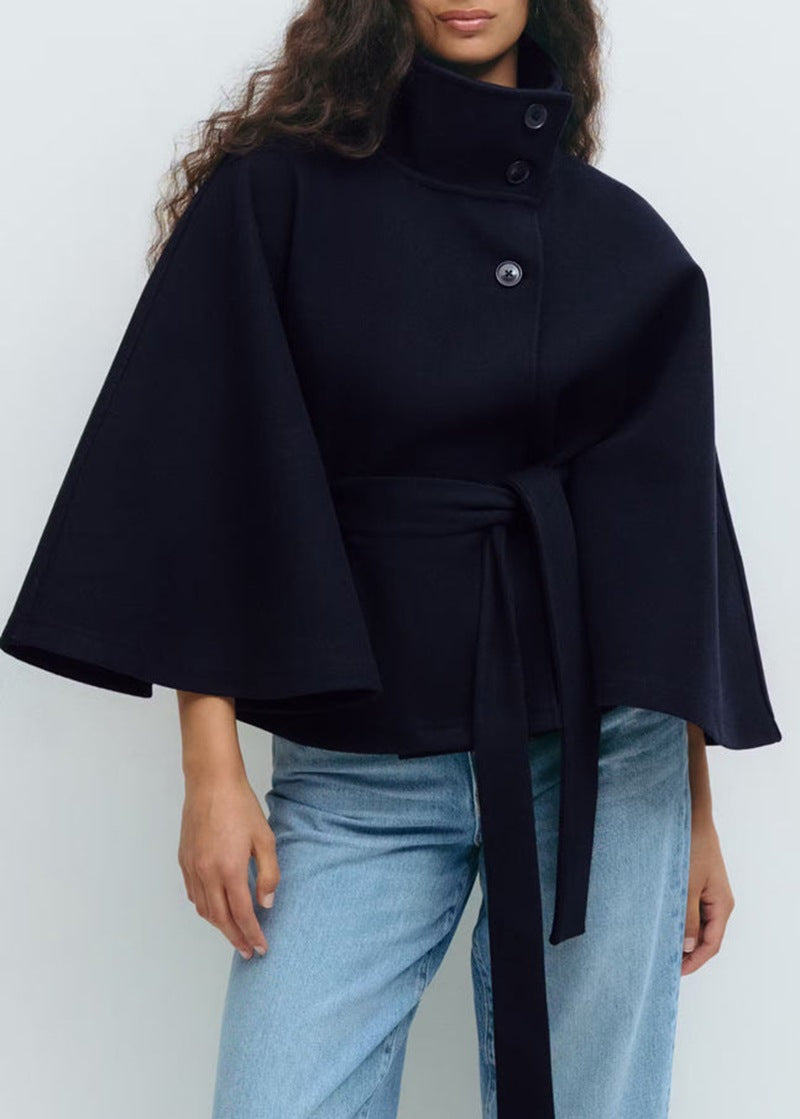 Belted Wool-Look Cape Coat with Stand Collar and Wide Sleeves