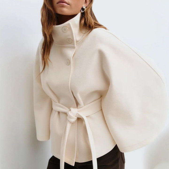 Belted Wool-Look Cape Coat with Stand Collar and Wide Sleeves