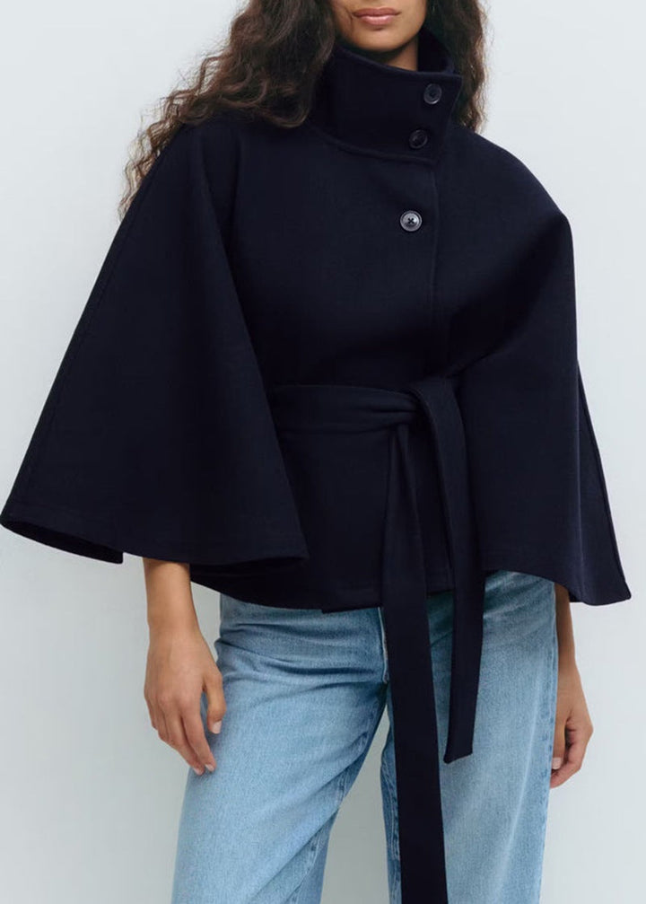 Belted Wool-Look Cape Coat with Stand Collar and Wide Sleeves - Marl &amp; Mere