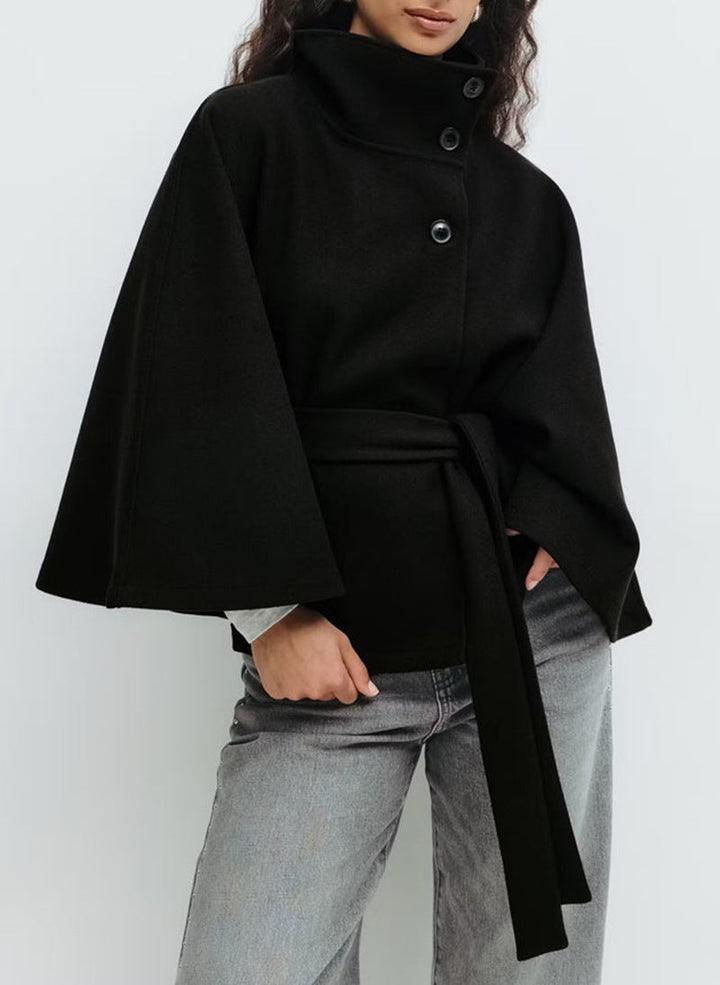 Belted Wool-Look Cape Coat with Stand Collar and Wide Sleeves - Marl &amp; Mere