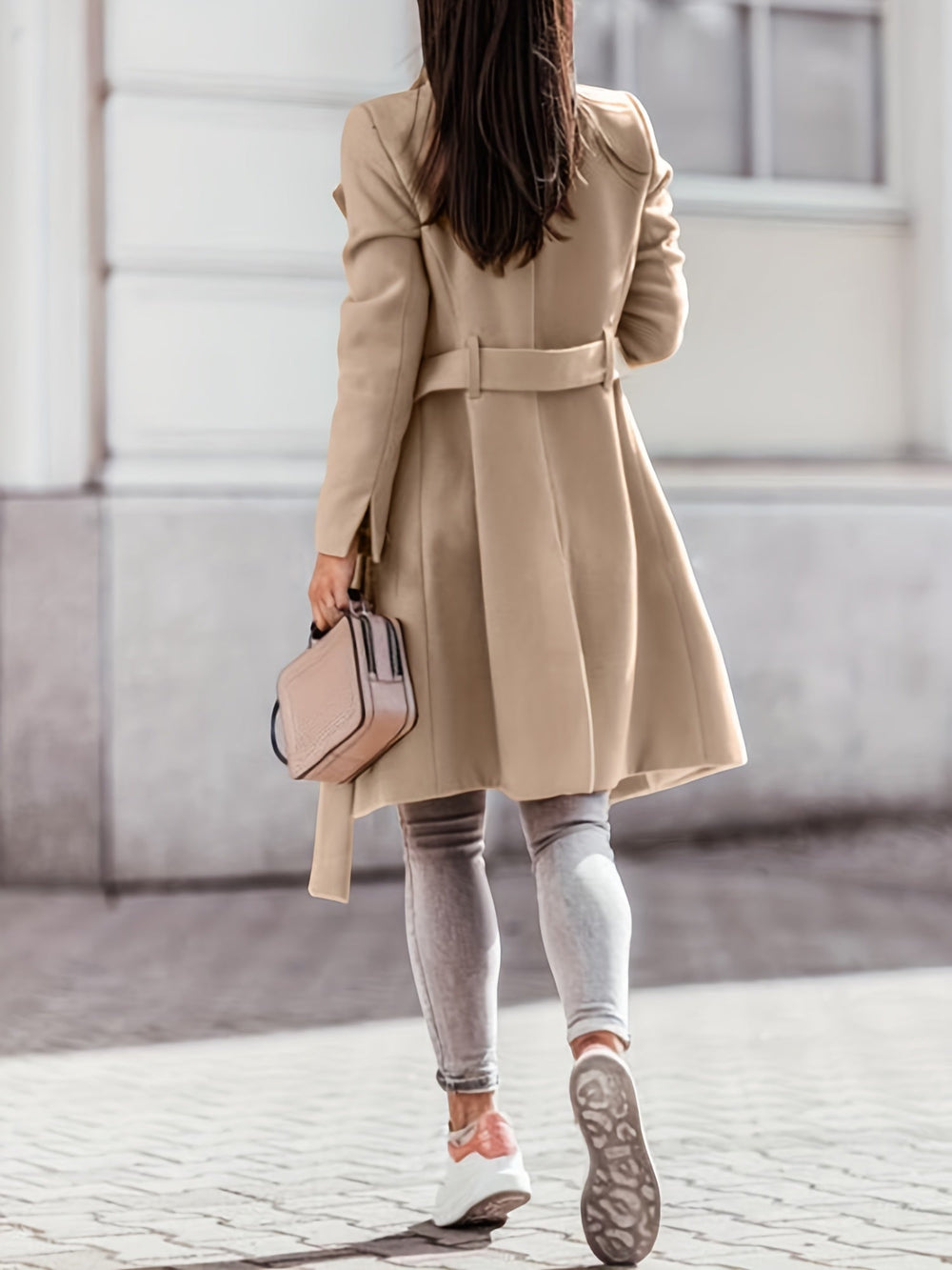 Belted Wool-Look Midi Coat with Wide Collar and Front Split