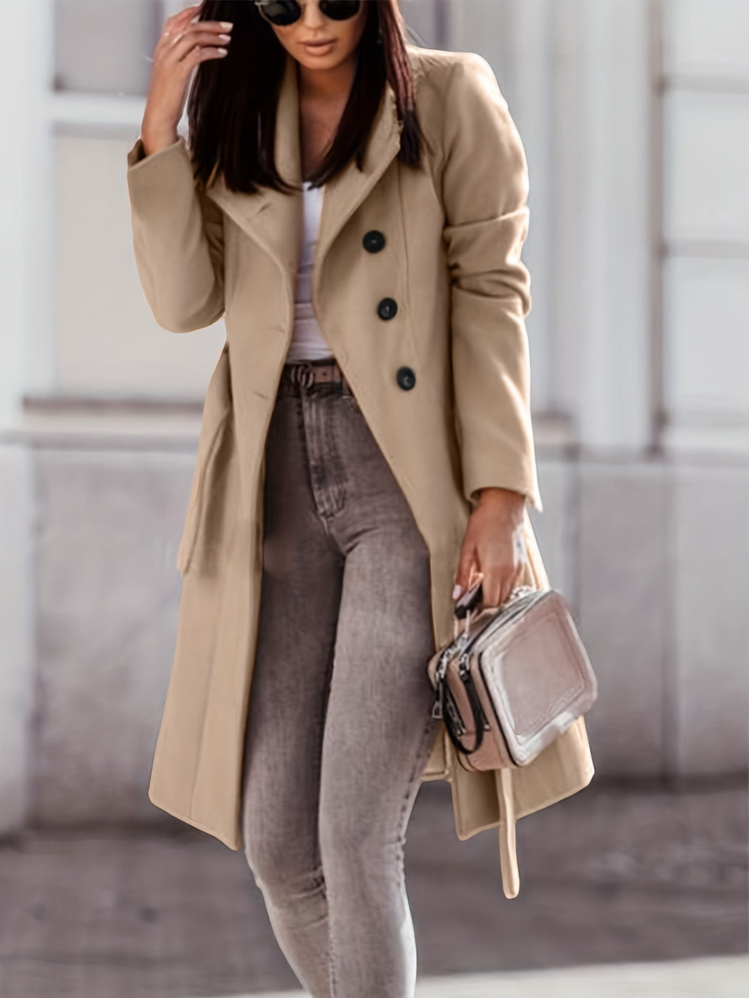 Belted Wool-Look Midi Coat with Wide Collar and Front Split